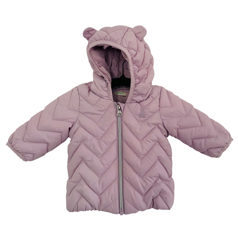 United Colors of Benetton Baby Lavender Puffer Jacket Hooded Bear Ears 1-3M